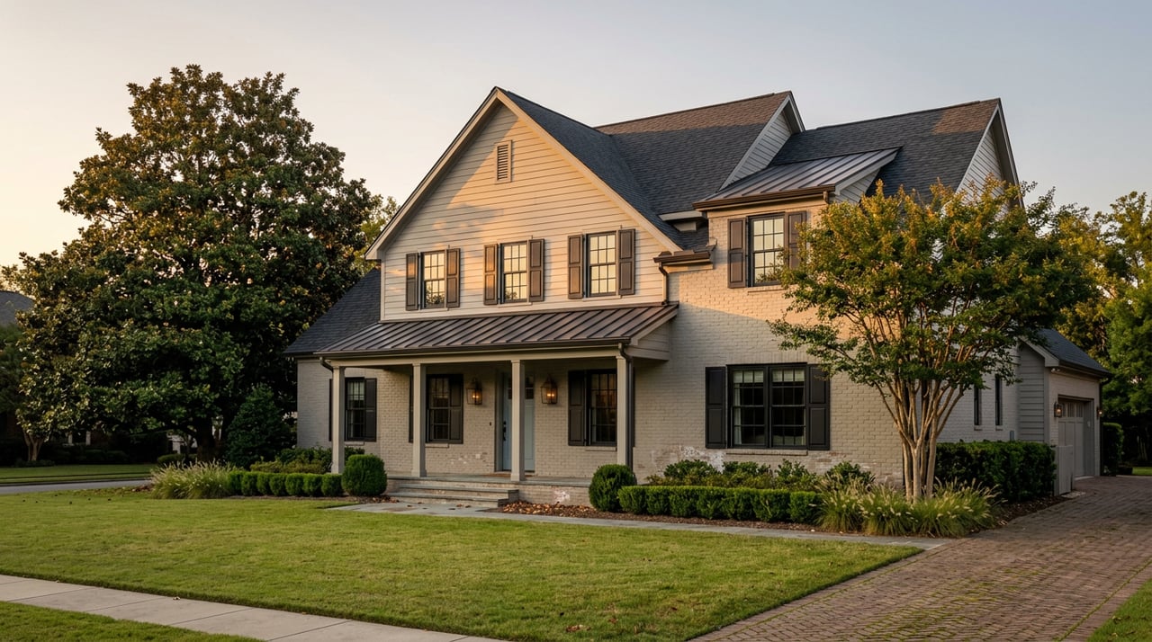 Two-story greige brick and blue-grey home with a metal porch roof, curved brick driveway, and magnolia tree.