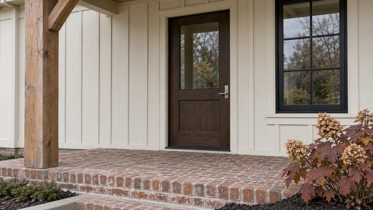 Close view of a cream-sided home's covered entry with a timber porch post, dark wood door, black-framed window and autumn oakleaf hydrangea beside brick steps.