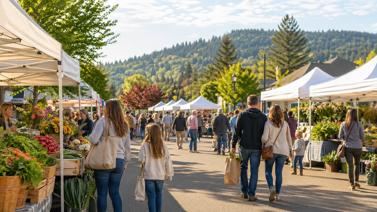 Maple Valley Farmers Market opening day with local vendors, fresh produce, flowers, families, and homeowners enjoying a sunny Saturday morning in King County WA.