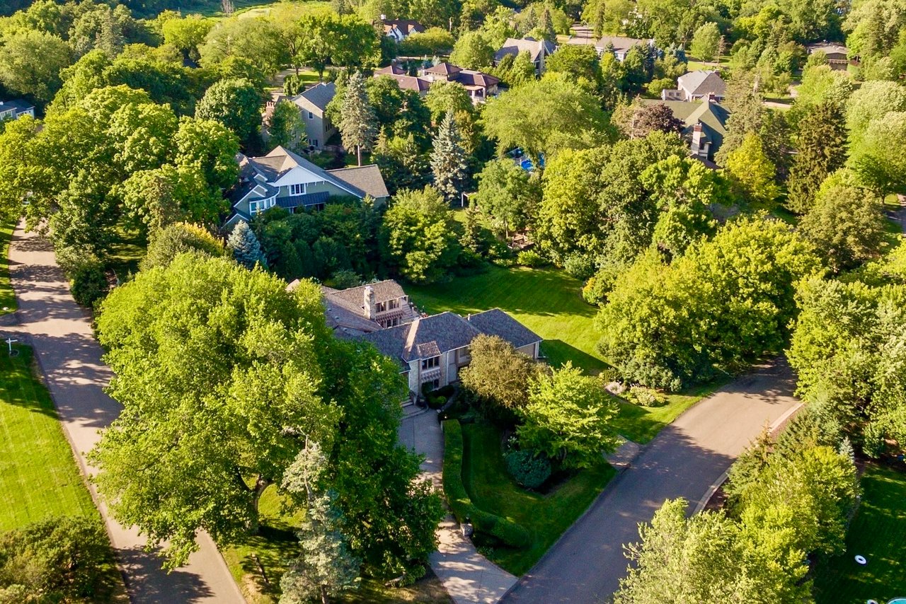 Aerial view of the Hilldale neighborhood in Edina showing large lots and mature trees