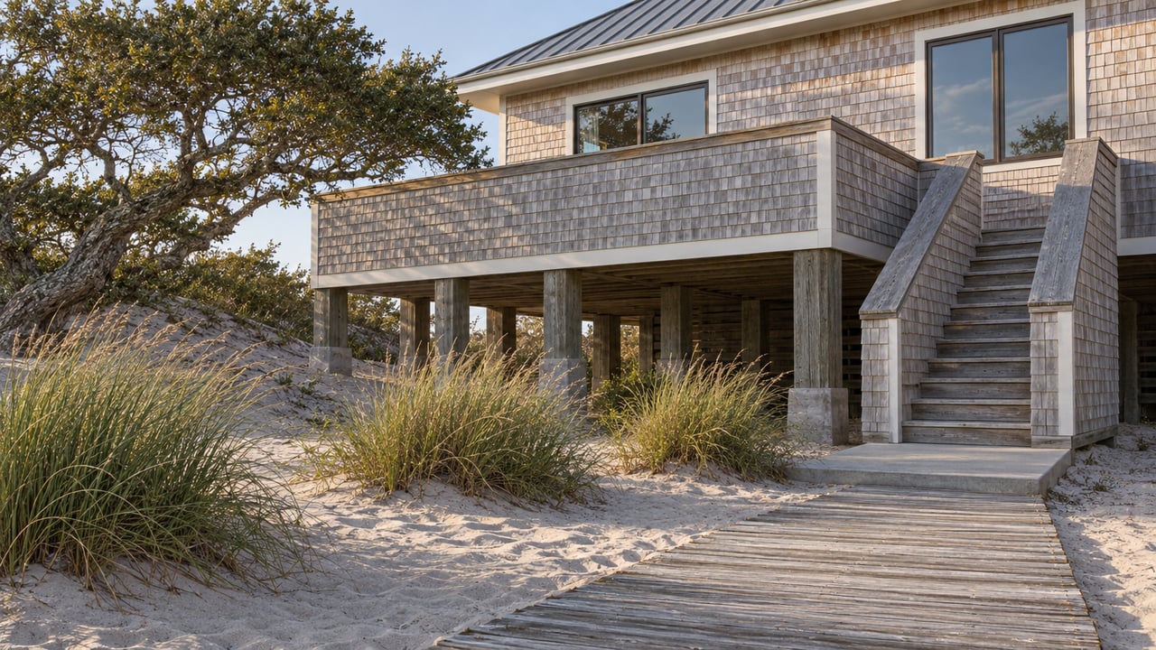 Elevated cedar-shingled beach house with a weathered timber approach, solid-sided stair, and carefully placed dune grasses in warm afternoon light.