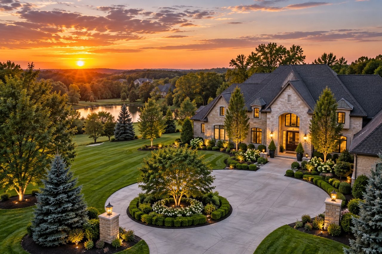 Stone luxury home with a manicured lawn and pond beneath a vivid sunset.