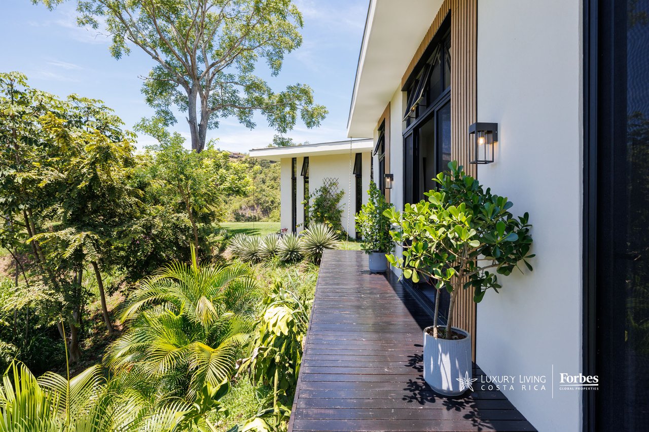 Modern home exterior with a wooden deck, white facade, and tropical landscaping.