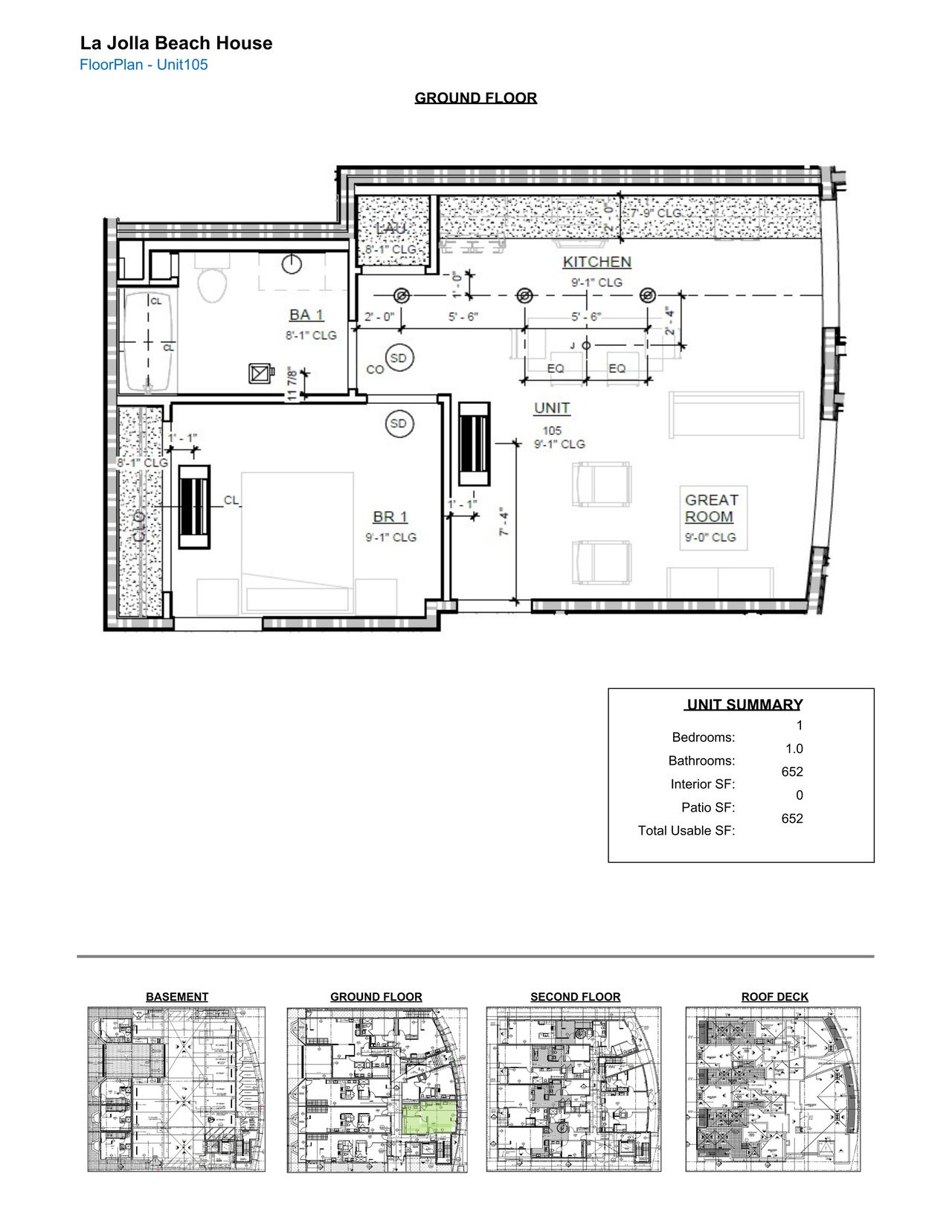 Unit 105 floor plan showing one bedroom, bathroom, kitchen, and great room.