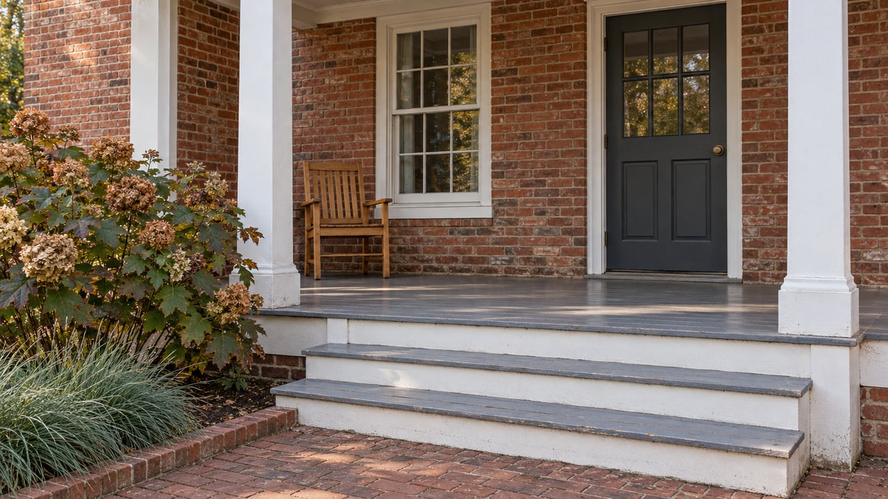 Red-brick home's covered porch with white wood posts, a charcoal glazed door, brick approach, and oakleaf hydrangea.