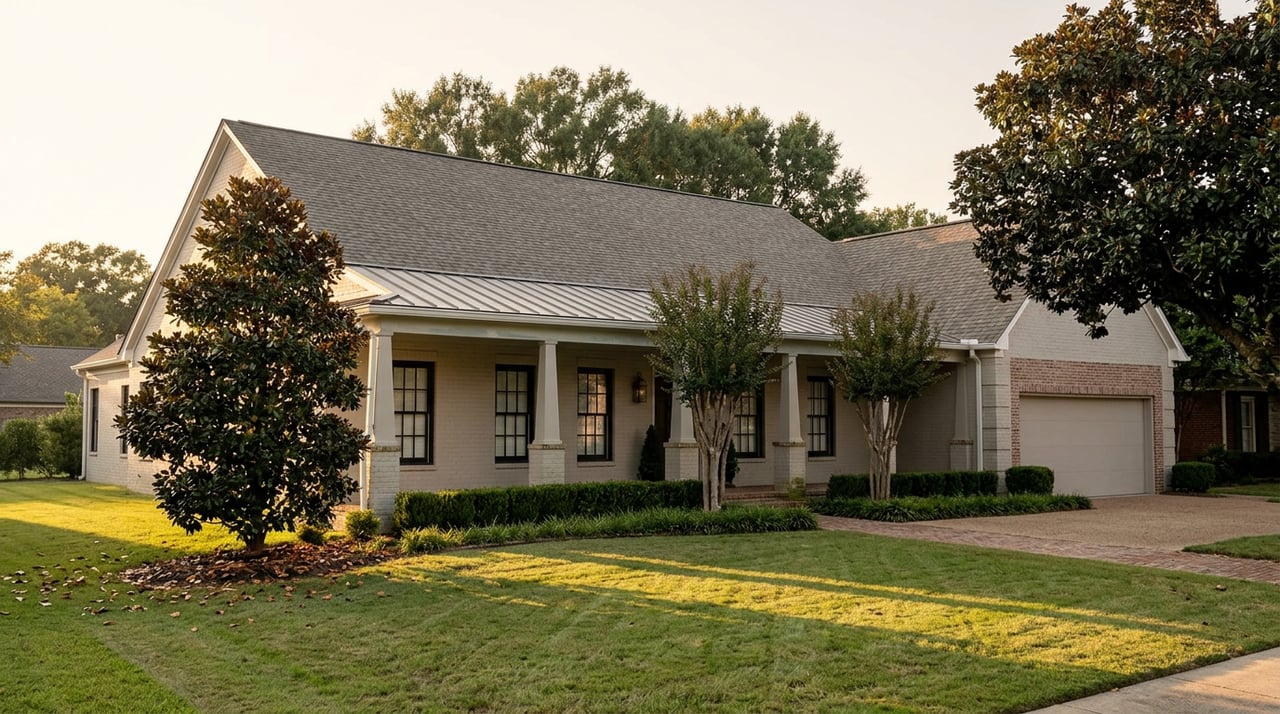 Large greige brick home with a covered porch, deep front lawn, and mature magnolia tree.