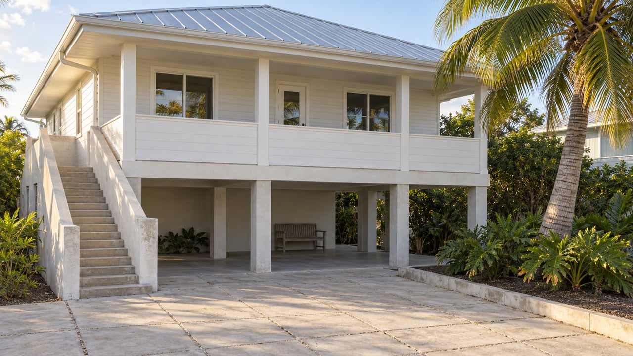 A modest elevated white home with a metal roof, shaded concrete lower level, broad balcony and mature coconut palm beside a paved approach.