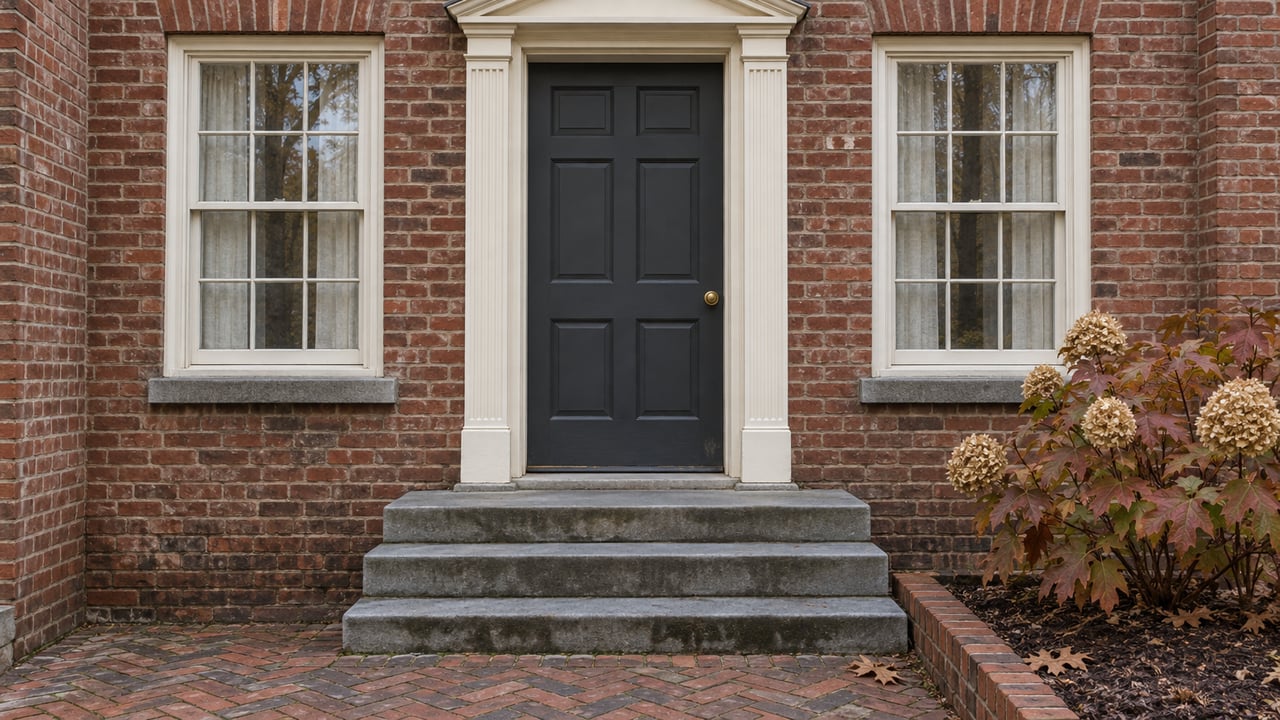 Red-brown brick home with a charcoal paneled door, paired white sash windows, worn limestone steps and autumn oakleaf hydrangea.