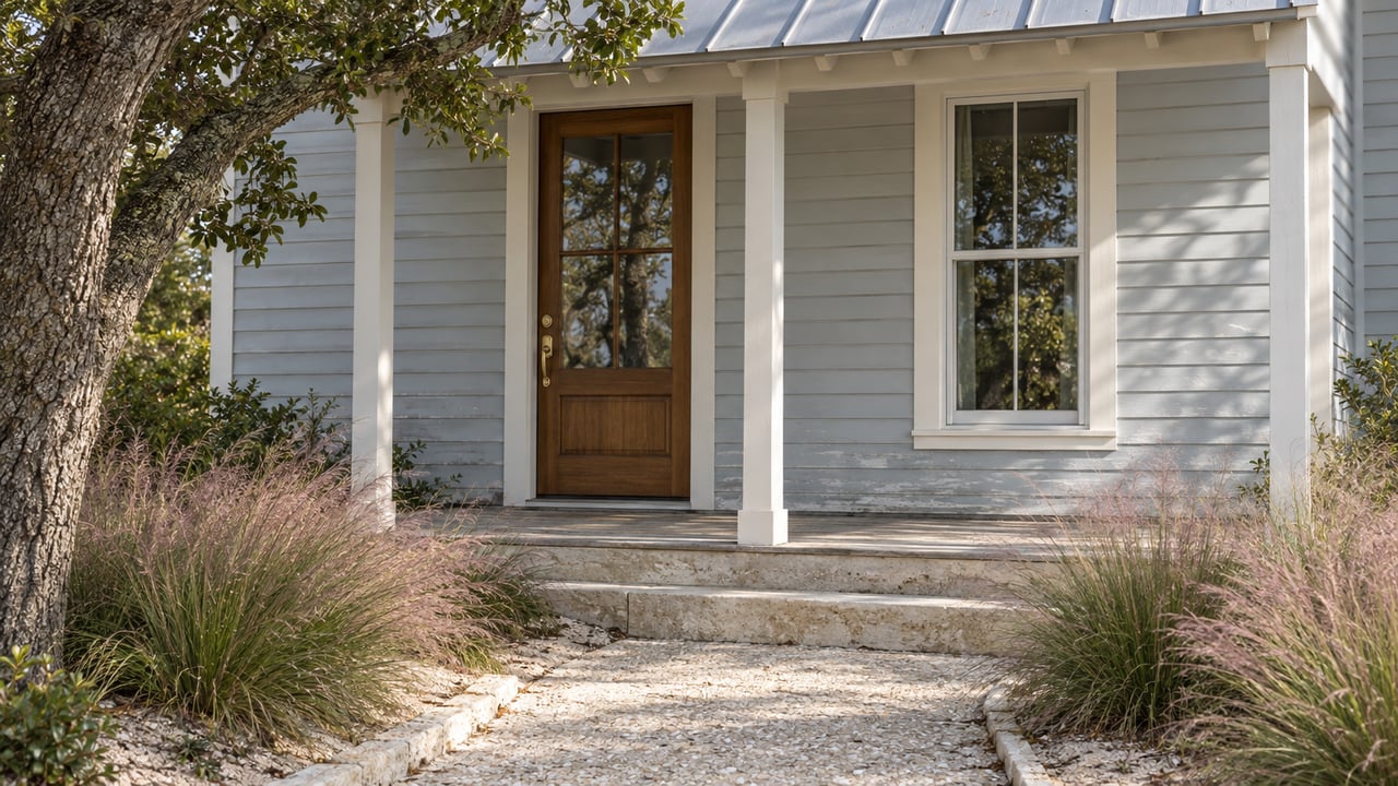 Pale blue-gray cottage entry with a closed wood door, sash window, porch steps, and grasses along the walk.