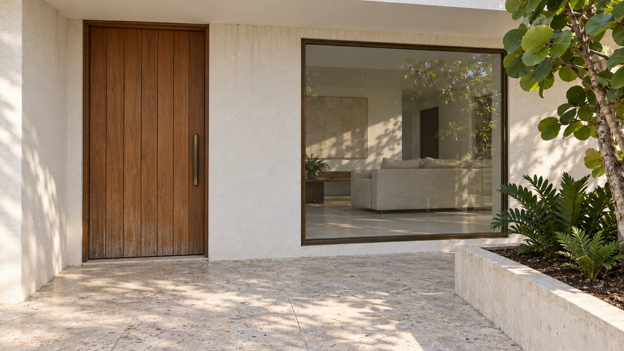 Morning light across a white stucco home's teak entry door, bronze-framed window and pale limestone terrace beside a raised sea-grape planter.
