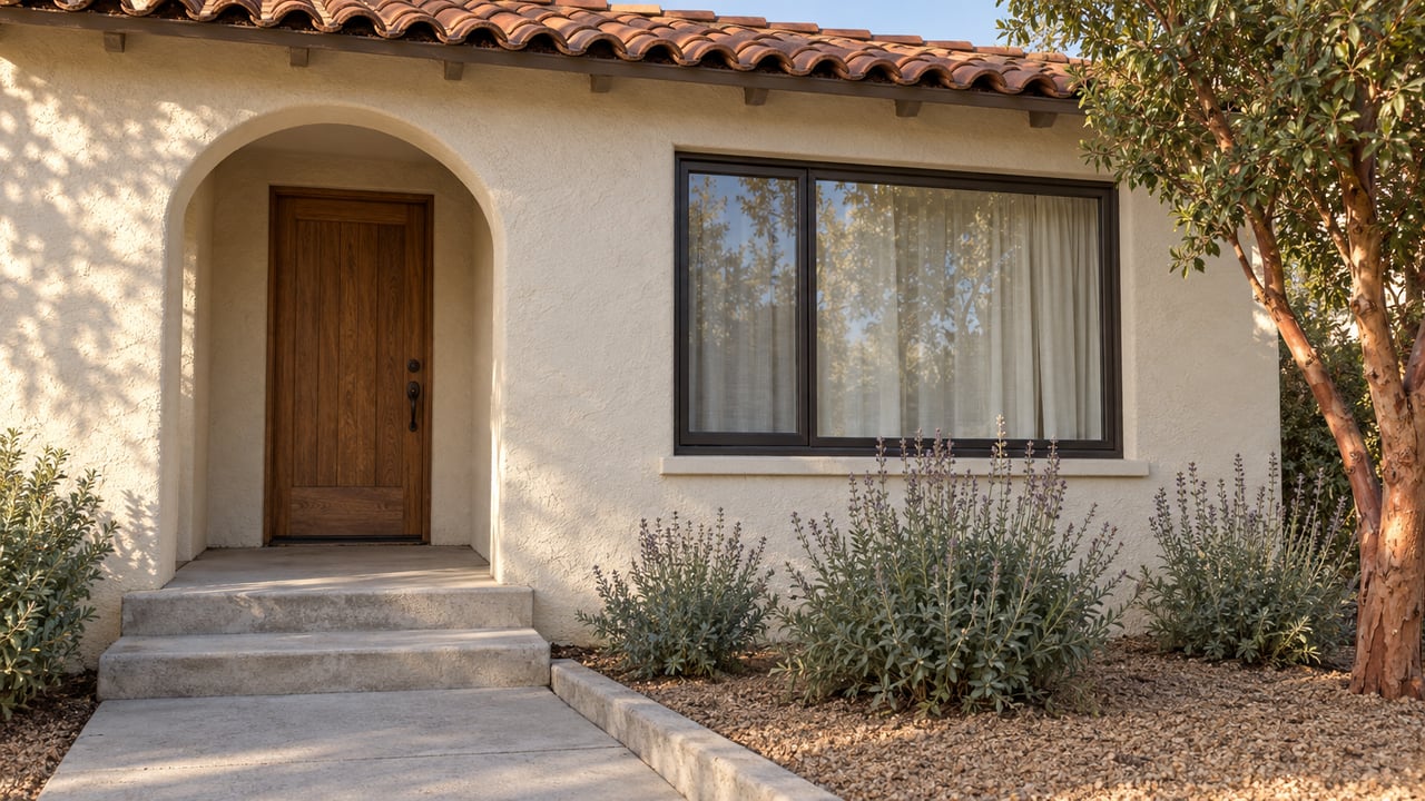 Stucco home with a terracotta tile roof, arched wooden entry, and landscaped front walkway.