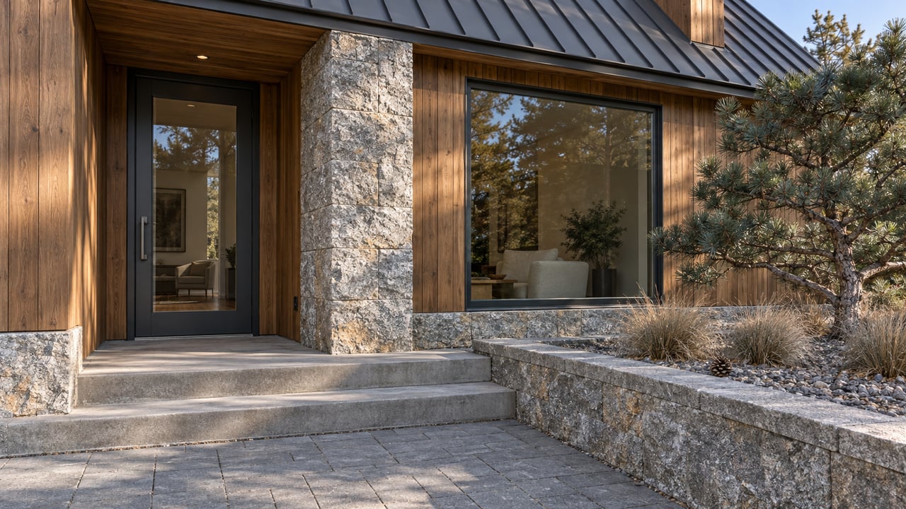 Timber-and-granite residential entrance with dark framed glazing, broad concrete steps and a sculptural pinyon pine in a raised stone bed.