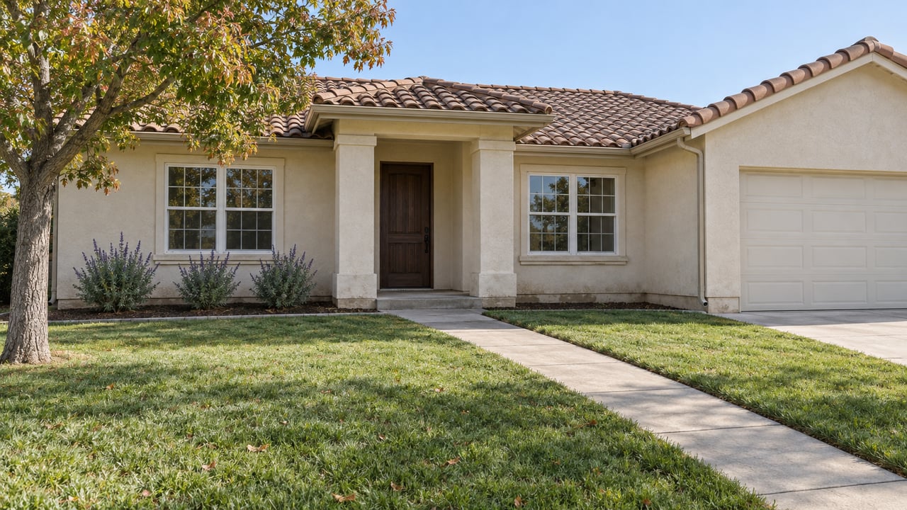 Sunlit single-story stucco home with a tiled roof, recessed porch, broad front lawn, and a mature tree beginning to show copper foliage.