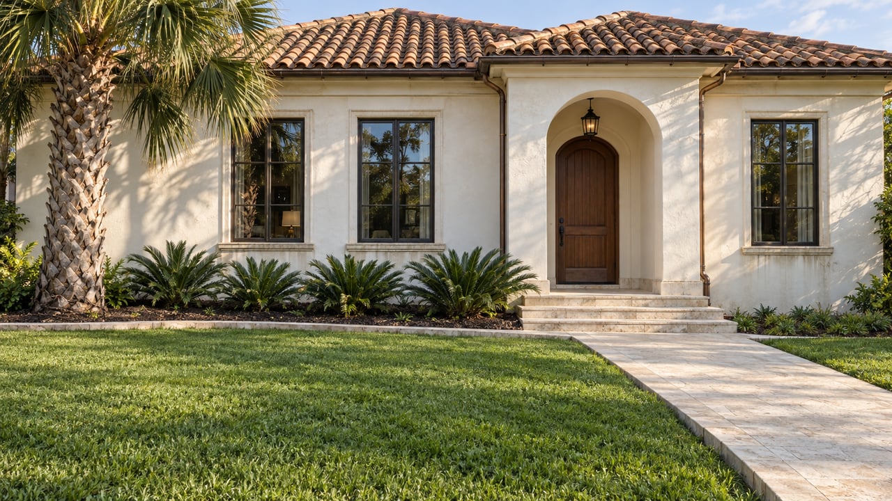 White stucco home with a terracotta roof, arched walnut entry and limestone walk across a broad lawn, with a specimen palm and low coontie planting.