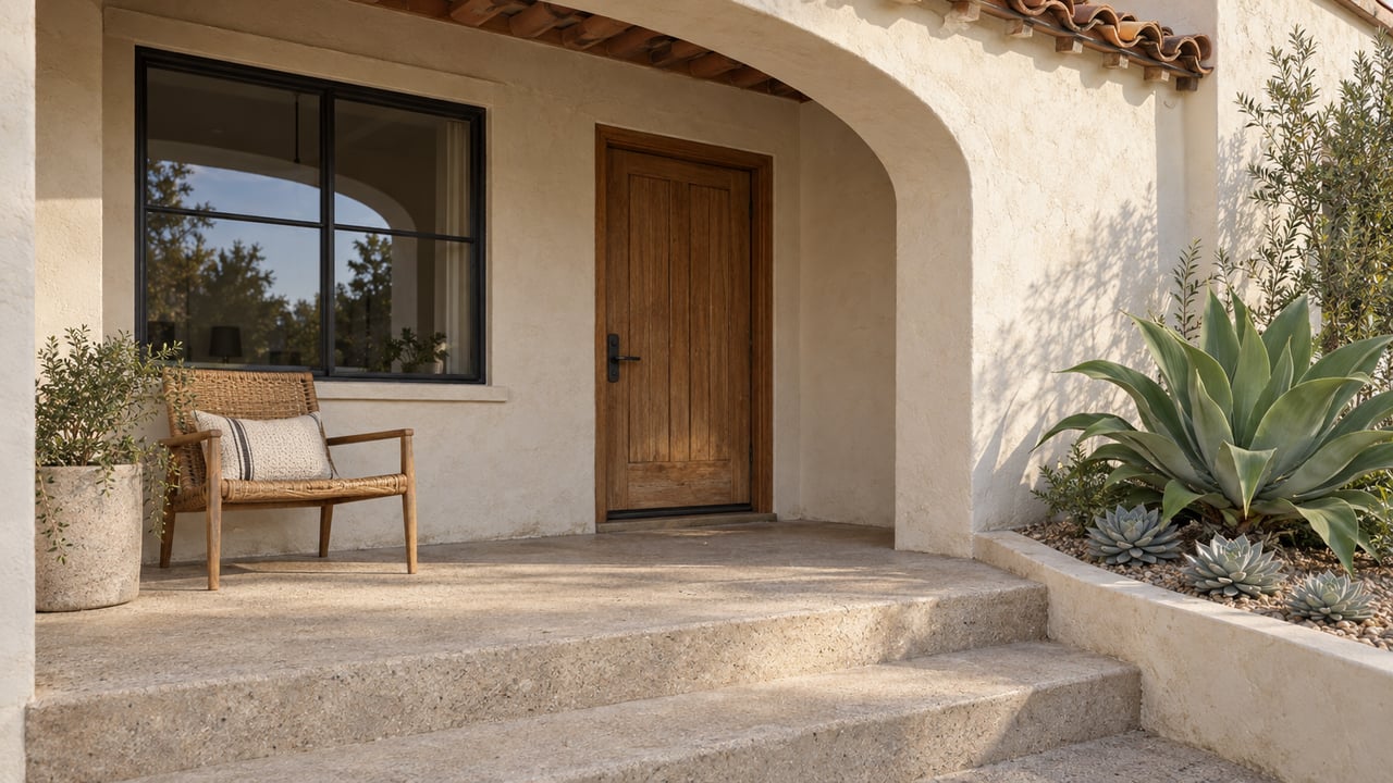 Cream stucco entrance with an oak door, clay roof tiles, woven porch chair and sculptural succulent planting.