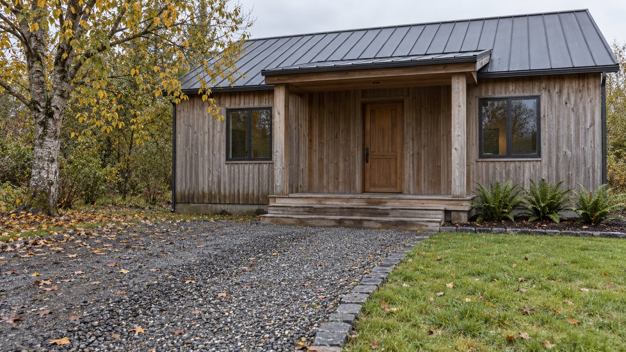 Weathered cedar house with a metal gable roof and covered porch, approached across damp gravel and lawn beside a yellowing alder.