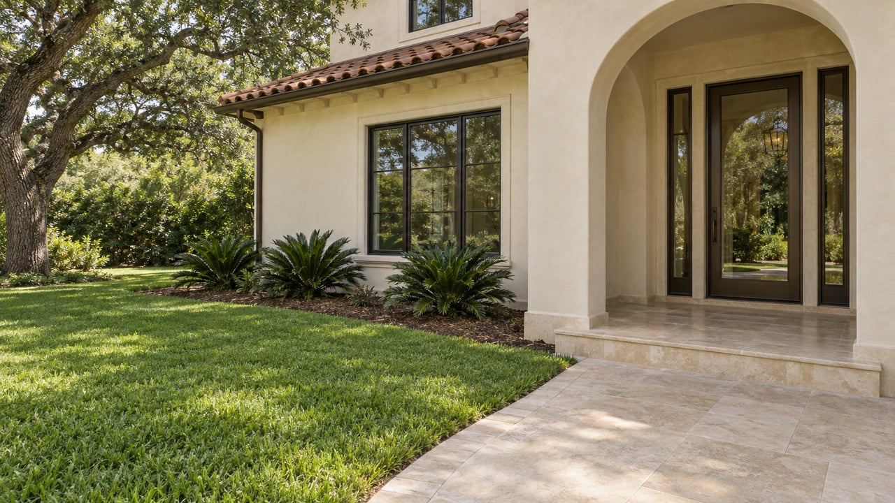 Cream stucco entrance with a tiled eave, bronze-framed glass door, limestone approach and a mature spreading oak beside the lawn.