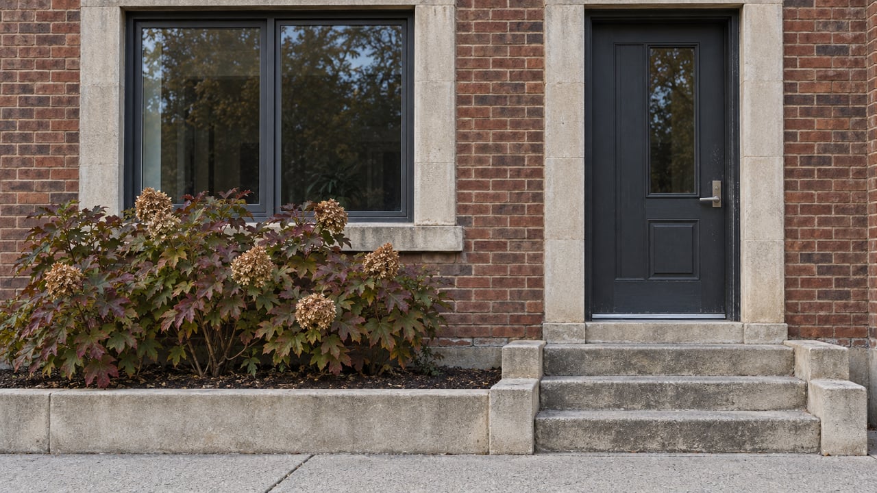 Red-brown brick home with limestone window surrounds, a charcoal entrance door, worn stone steps and an oakleaf hydrangea in a raised bed.