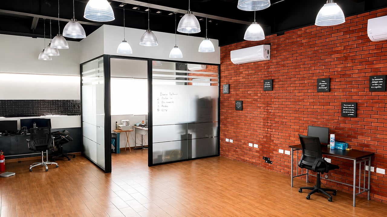 Office interior with a glass-partitioned workspace and red brick accent wall.