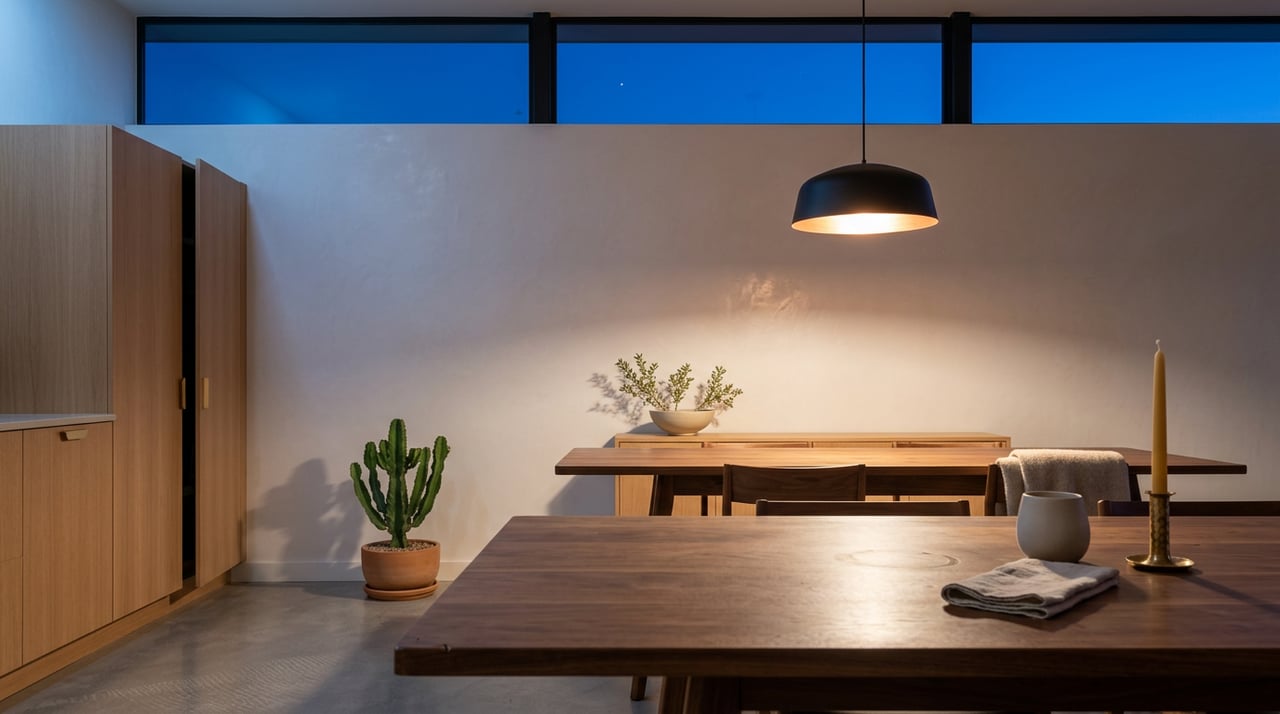 Walnut dining table with ceramic vessel and napkin beneath a clerestory showing indigo twilight sky.