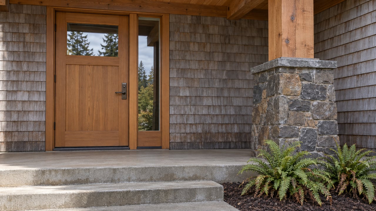 Covered residential entry with a fir door, weathered cedar shingles, stone pier, concrete steps, and two sword ferns.