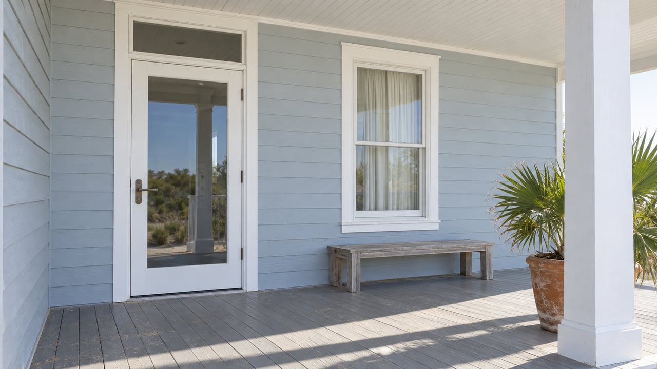 Sunlit raised porch with pale blue-gray siding, a glazed white entry door, a silvered wooden bench and a potted fan palm.