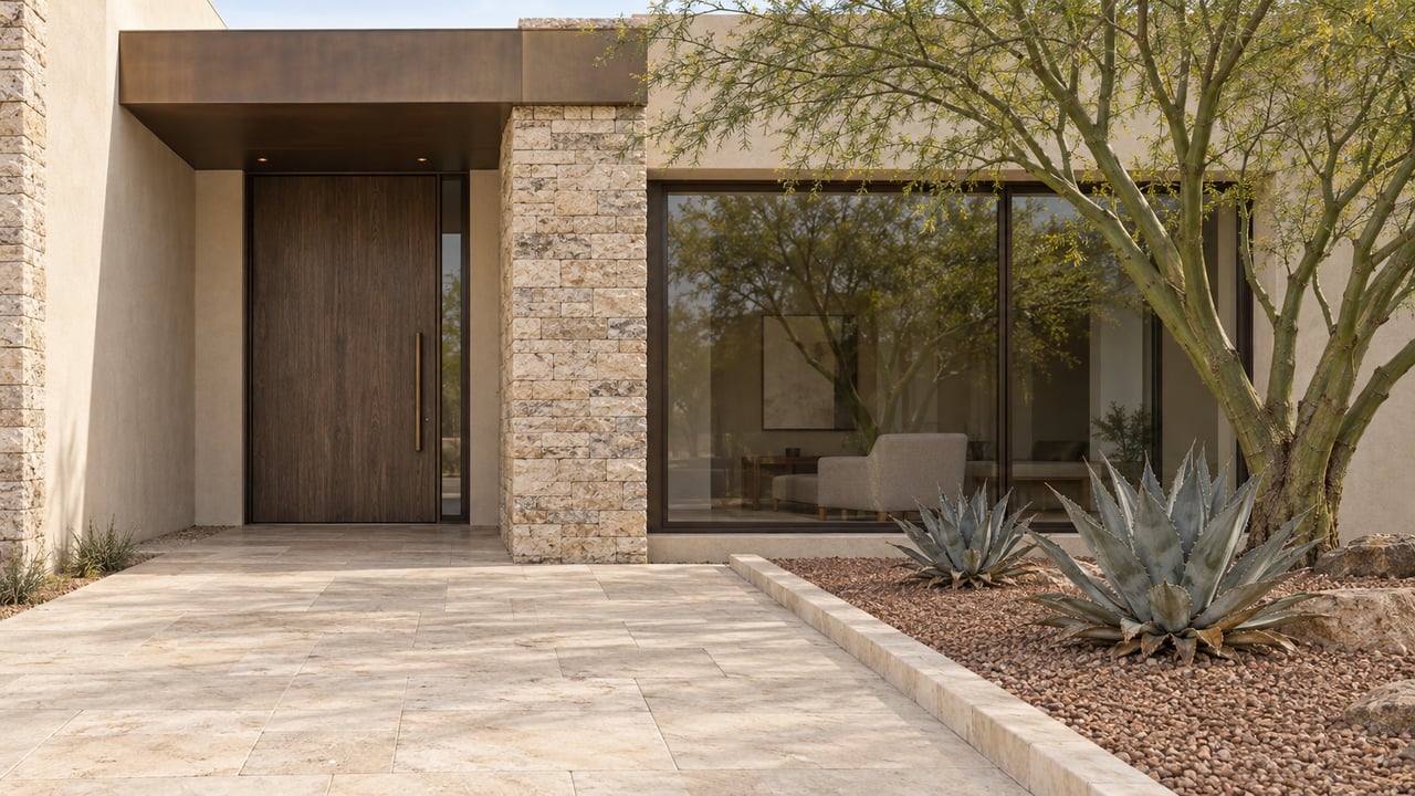 Refined single-story home's limestone and ivory stucco entry with bronze-framed glazing, a smoked-oak door and sculptural desert planting.