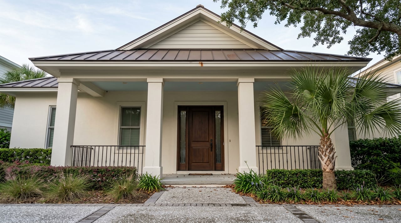 Stucco porch with square columns, a haint-blue ceiling, iron railing, walnut door, and bronze standing-seam roof.