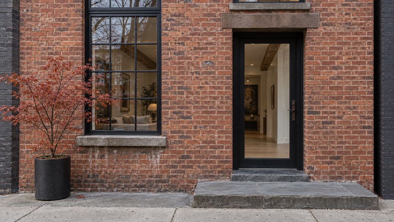 Renovated red-brown brick home with black-framed windows, a recessed glass entry, worn bluestone step and a potted copper-leaved maple.