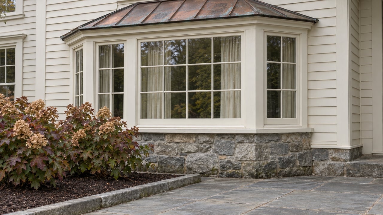Ivory clapboard home with a copper-roofed divided-light window bay, fieldstone base, sandstone walk and autumn oakleaf hydrangeas.