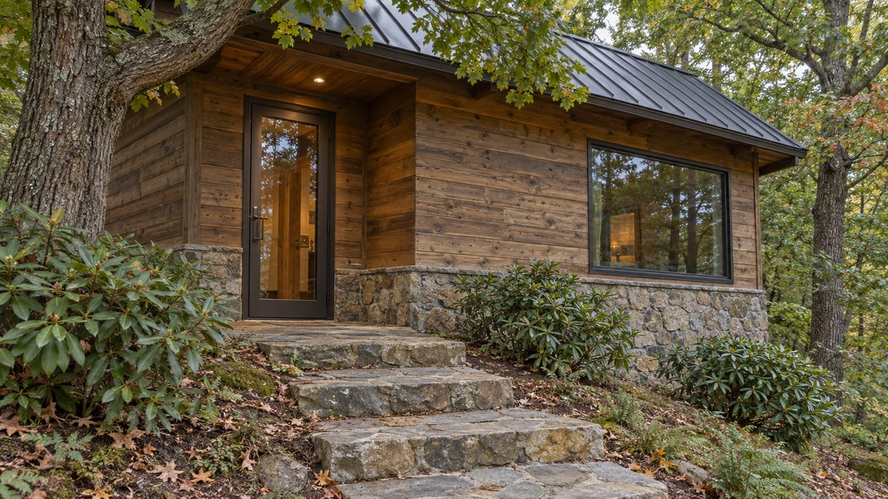Timber cabin with a glazed entry and broad window, reached by stone steps beneath oak canopies.
