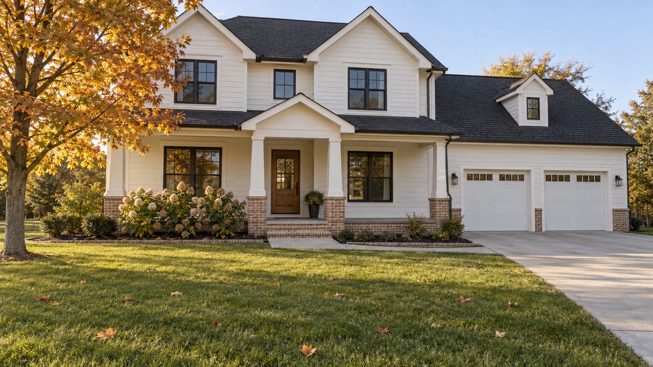 A white gabled home with a broad front lawn, brick porch base and an orange-leaved maple in autumn sunlight.