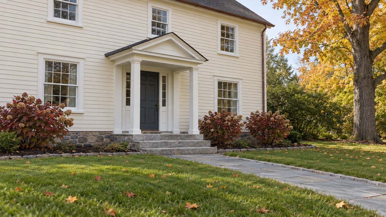 White Colonial-style house with a columned entry, stone steps, and autumn leaves across the lawn.