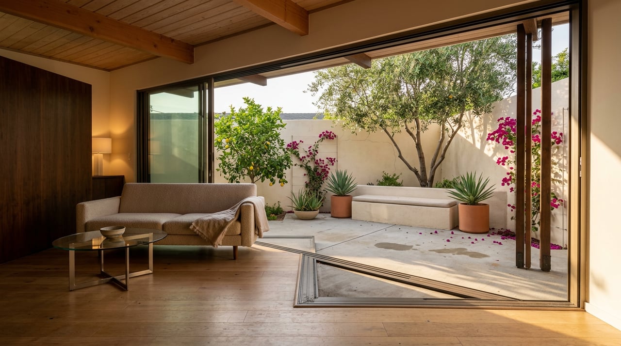Post-and-beam living room opens through sliding glass doors to a stucco patio garden with citrus and olive trees.