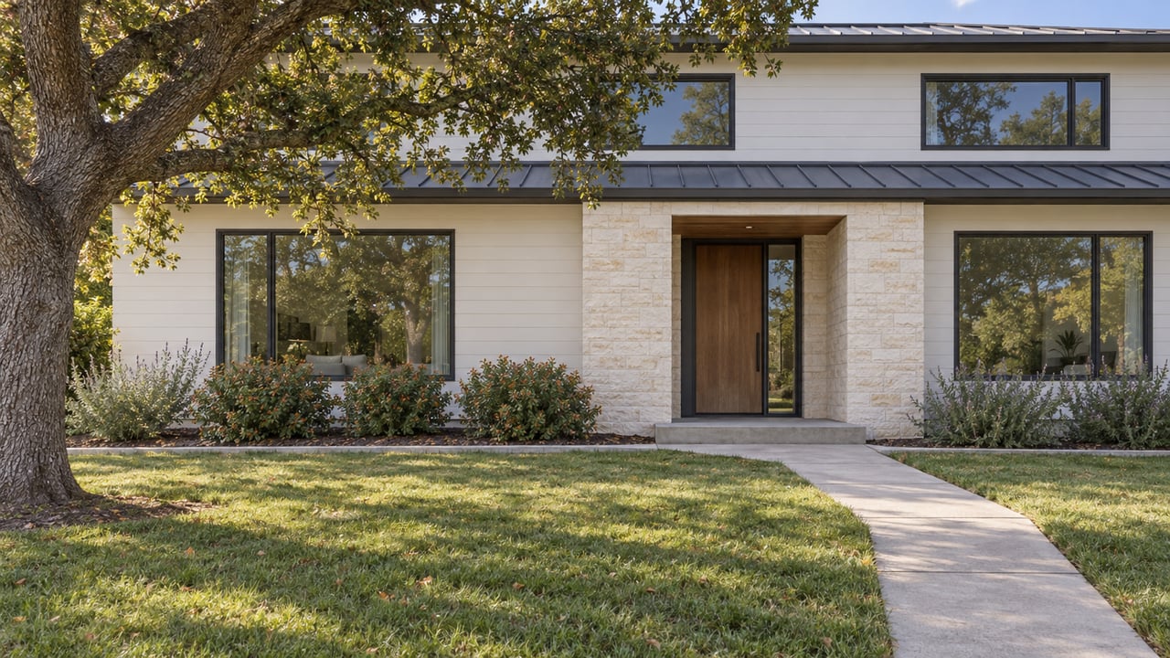 Contemporary two-story home with pale siding, limestone entry, walnut door and a curved concrete approach across a deep lawn beneath an oak.