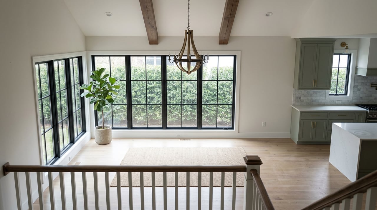 Great room with walnut ceiling beams, black-framed windows, sage cabinetry, waterfall island, and potted ficus.