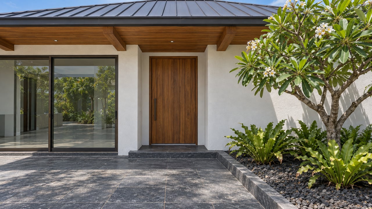 Sunlit white stucco residence with a charcoal pavilion roof, timber entrance, basalt approach, and flowering plumeria beside bird’s-nest ferns.