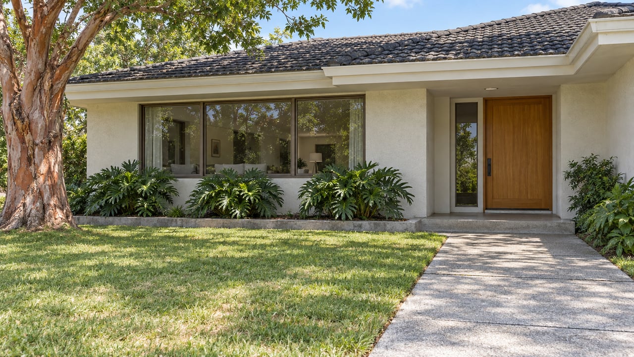 Updated single-story home with a sheltered wood entry, bronze-framed windows, deep lawn and a copper-barked specimen tree.