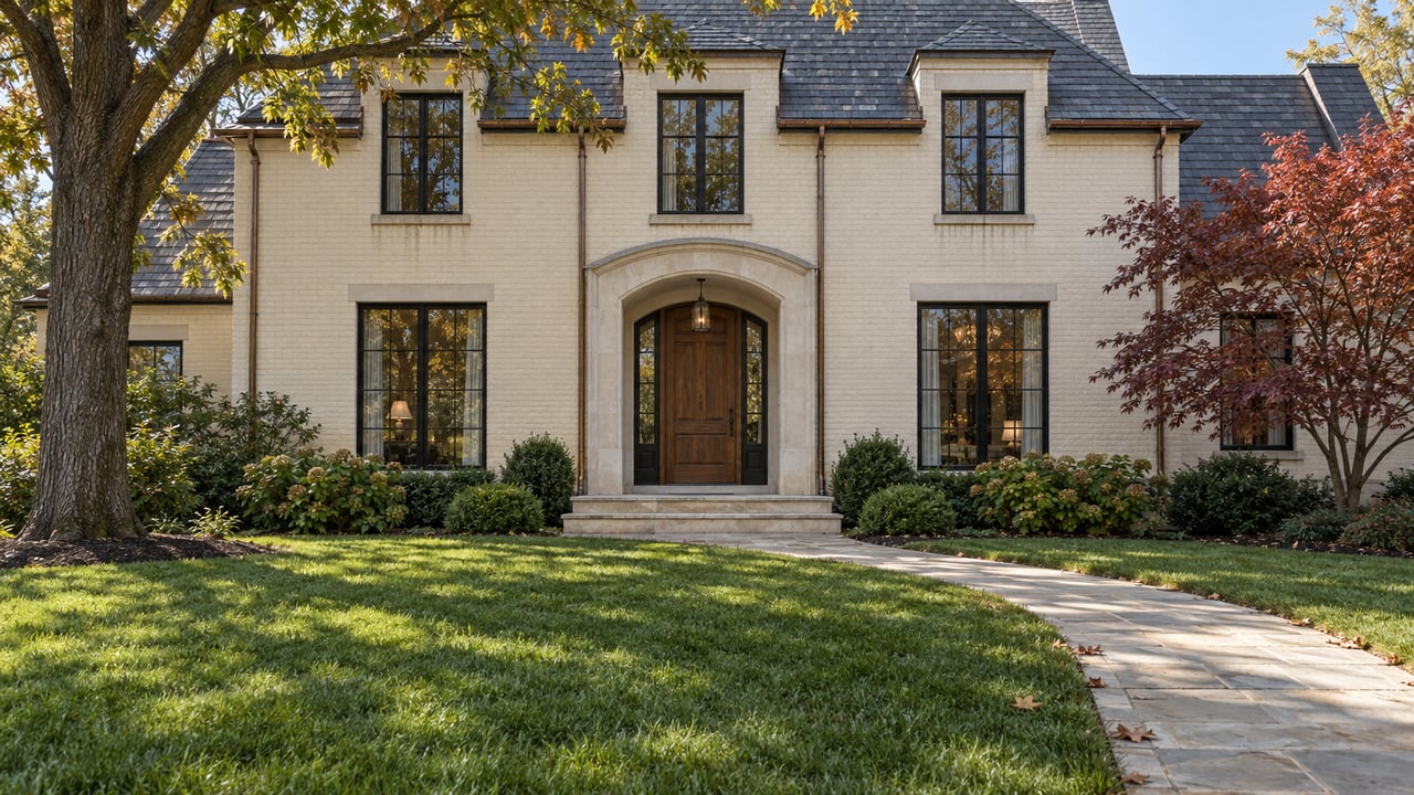 Cream-brick home with slate roofs, black-framed windows and a limestone entry beyond a deep lawn, framed by mature oak and autumn dogwood.