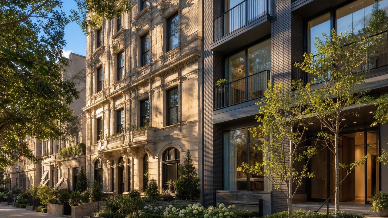 Prewar stone and newer glass apartment buildings stand side by side along a tree-lined street.