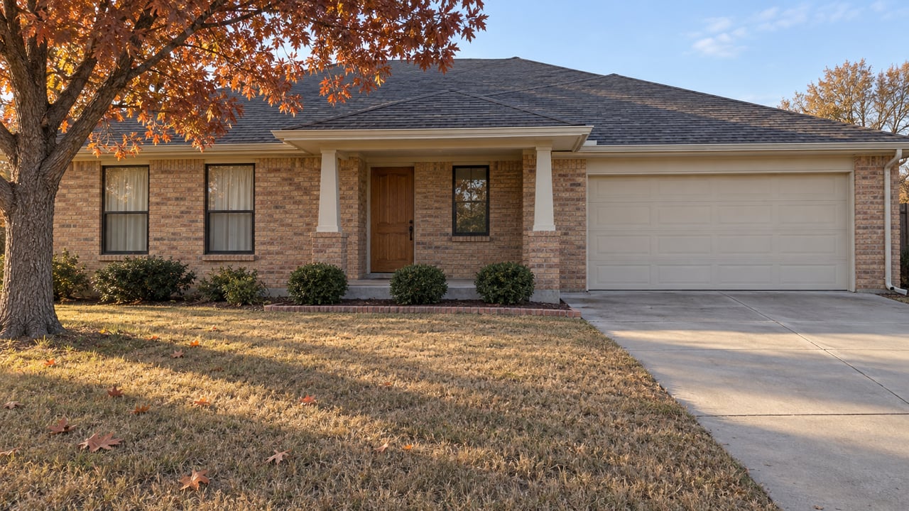 Autumn sunlight on a buff-brick ranch home with a covered porch, broad dormant lawn and a copper-red oak tree.