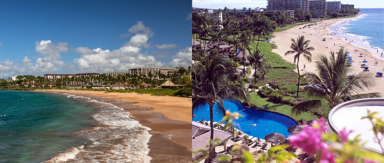 Wailea and Ka'anapali coastlines side by side, South and West Maui luxury resort areas
