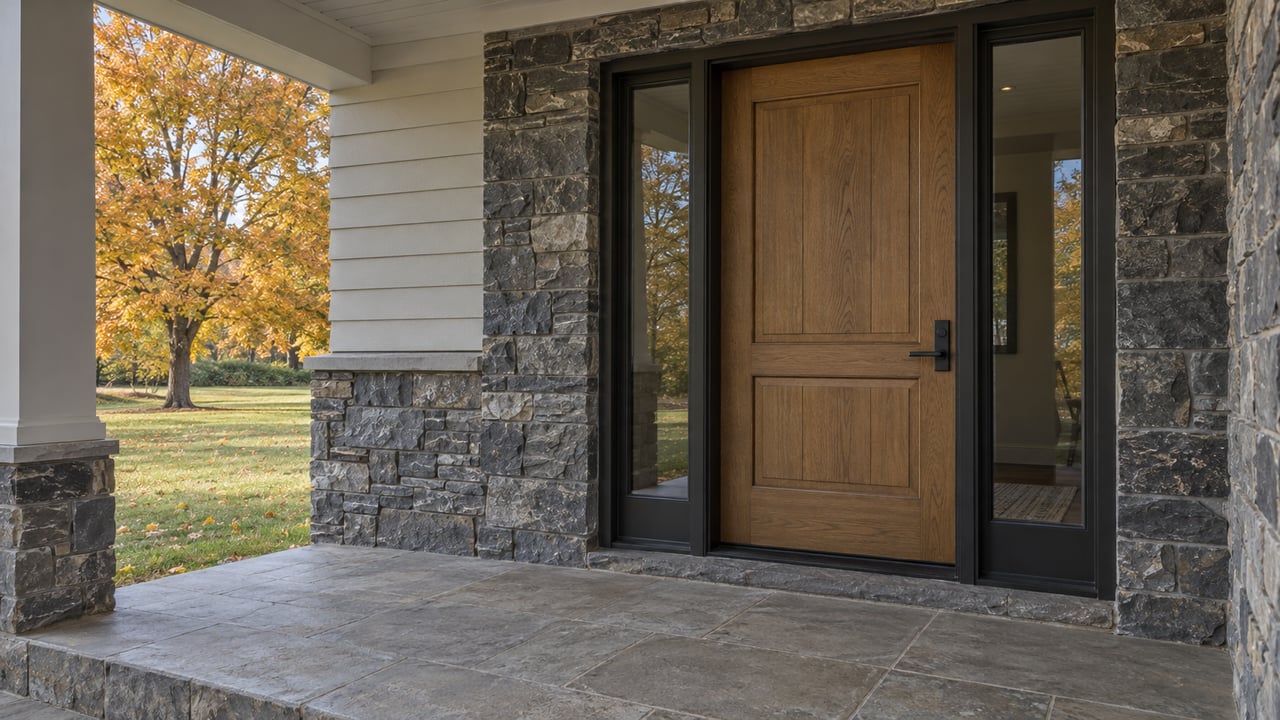 Sheltered oak front door with paired glass sidelights, charcoal stone walls and limestone paving beside an amber sugar maple.