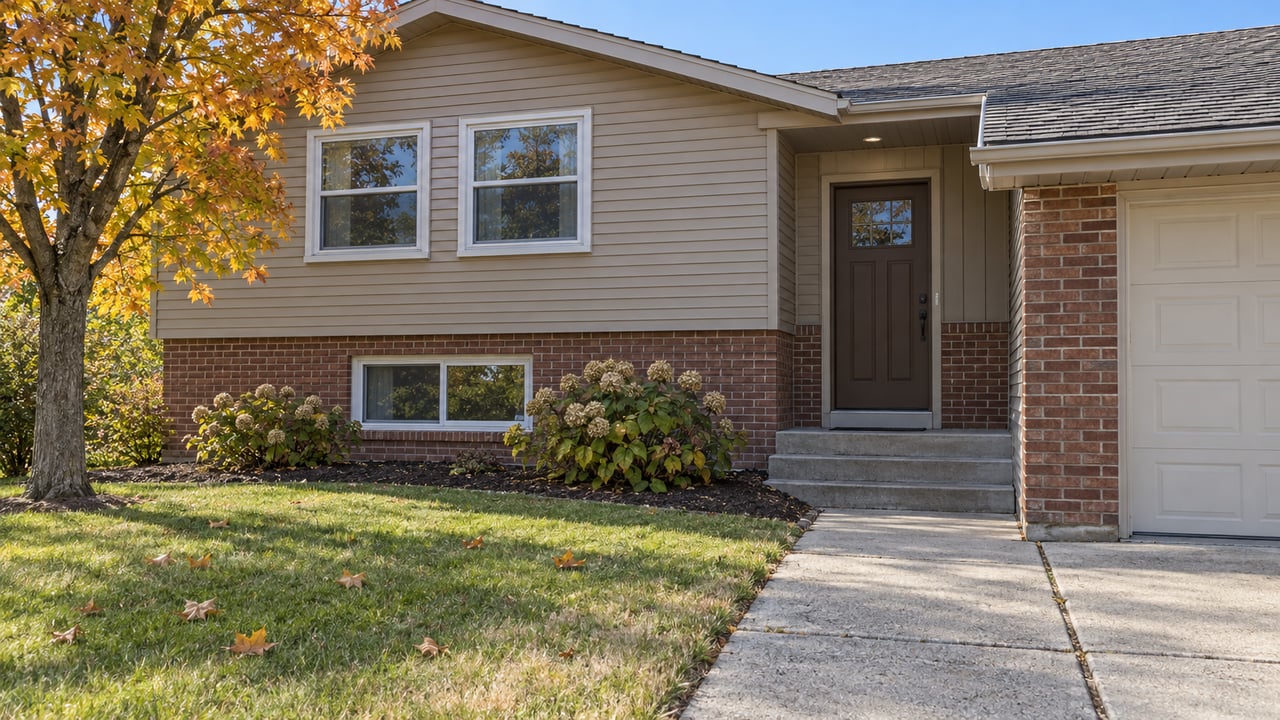 A split-level home with tan siding, red-brown brick and a concrete entry walk beside an amber sugar maple.