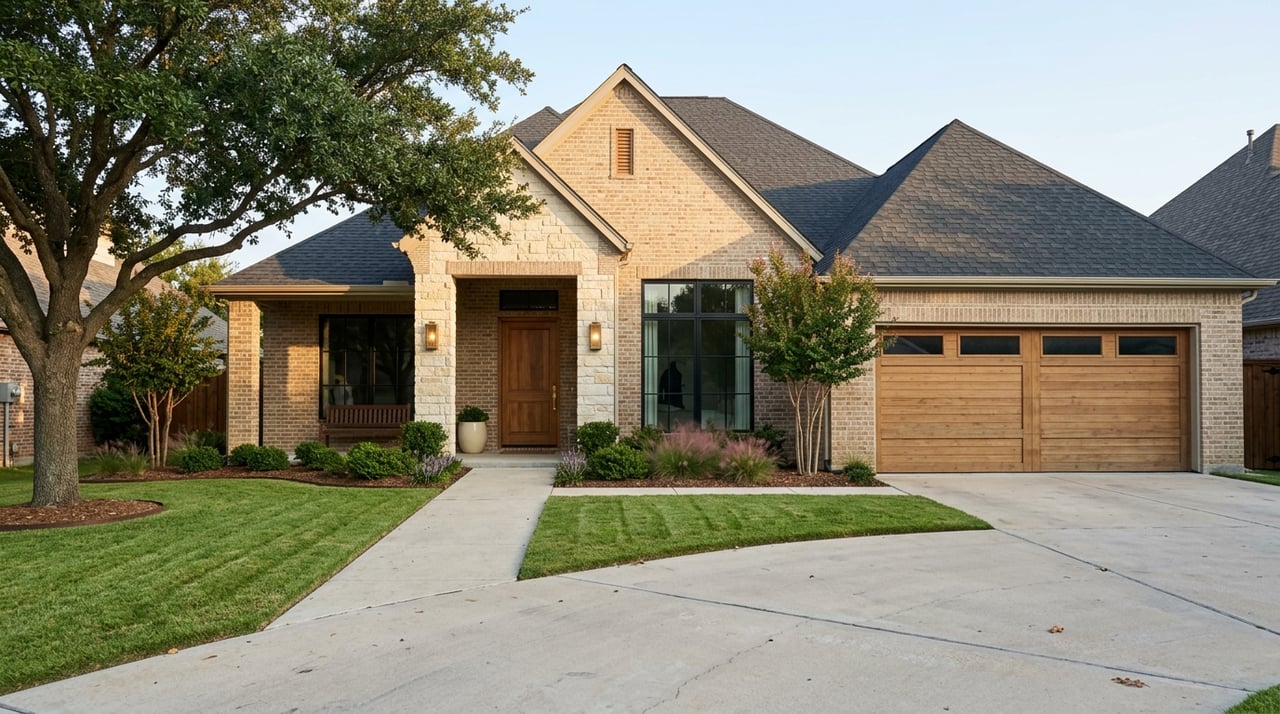 Modern farmhouse with a broad driveway, spacious lawn, and neatly arranged foundation plantings.