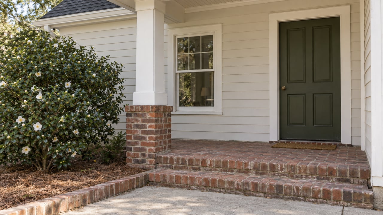 Off-white house entry with an olive door, brick steps, and a camellia beside the walk.