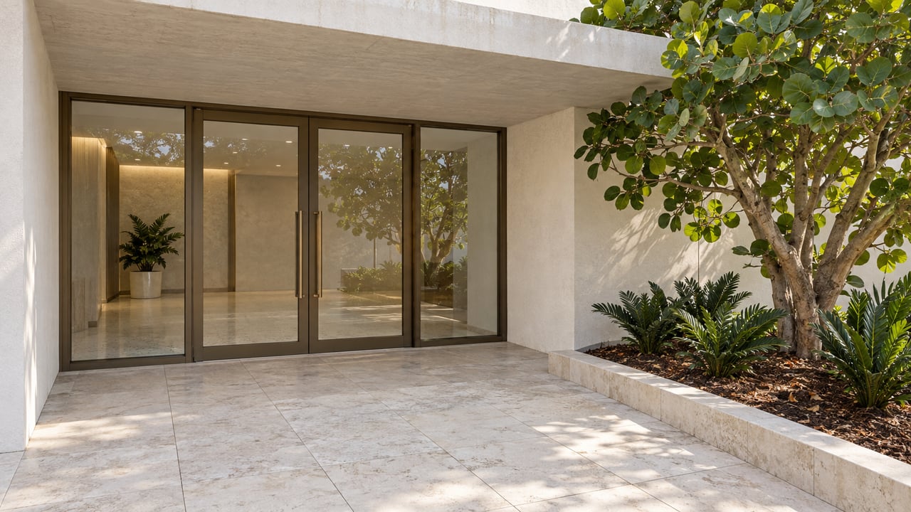 White-stucco condominium entrance with paired bronze-framed glass doors, pale limestone paving and a sculptural sea grape tree beside coontie planting.