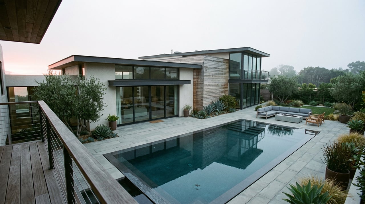 Coastal contemporary home’s rear facade overlooking a reflecting pool, framed by hedges from a raised terrace.