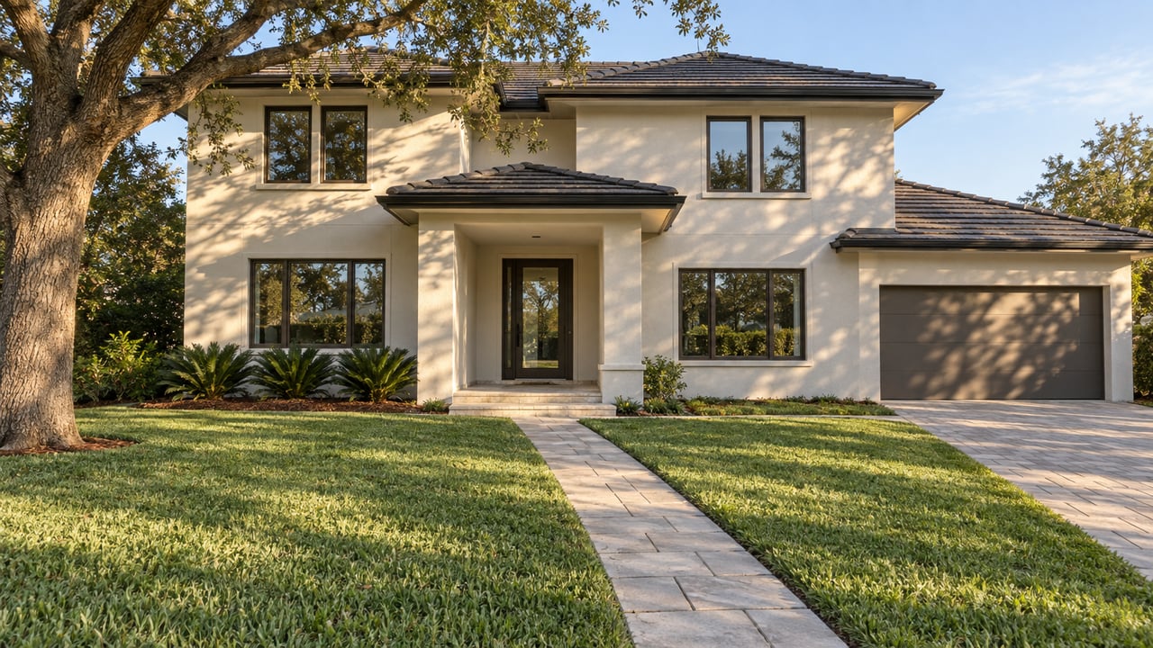 Warm white stucco home with bronze-framed windows, a recessed entry and a paver approach across a deep lawn in morning light.
