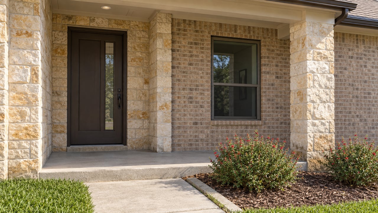Covered home entry with limestone masonry, tan brick, a bronze door, and a concrete approach bordered by lawn and two flowering sage shrubs.